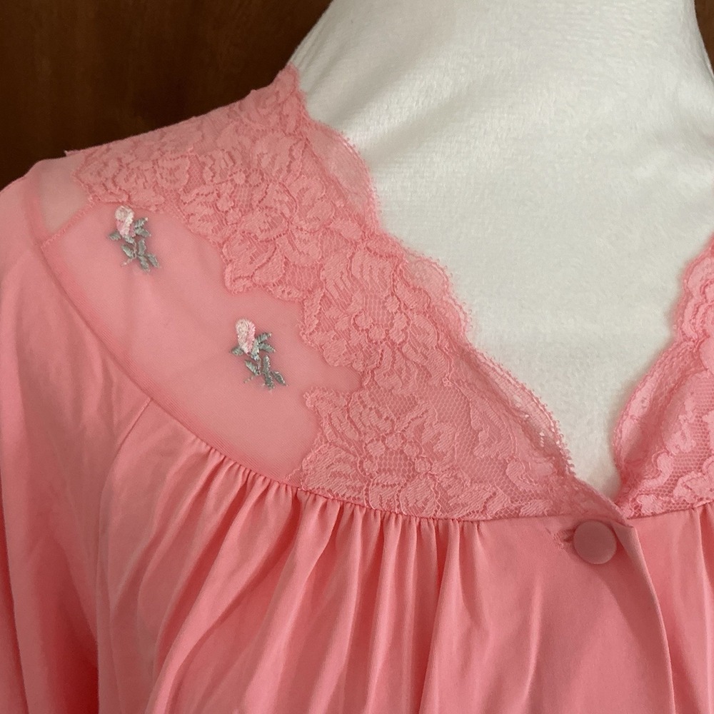 Vintage Shadowline Button-Front Full Length Robe Pink Lace Bodice & Trim Medium - Picture 3 of 16